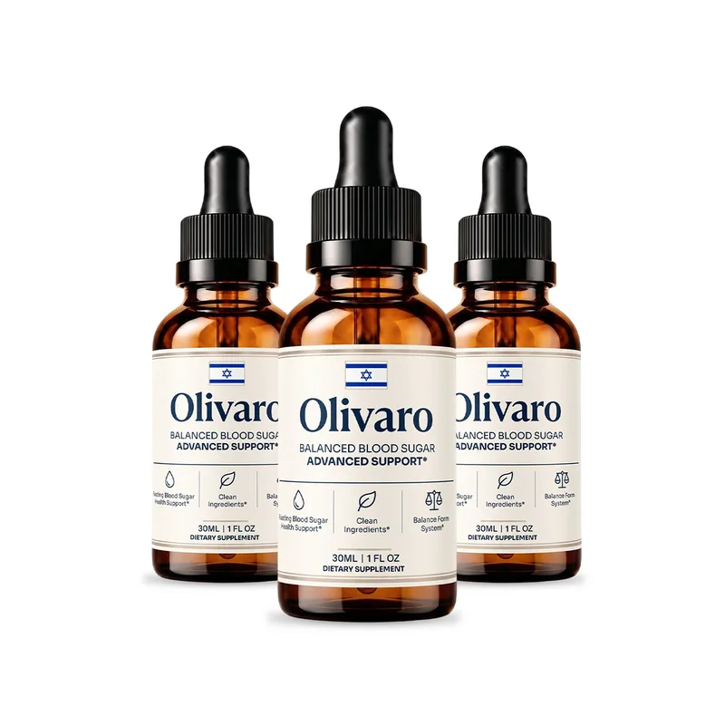 Three Olivaro amber dropper bottles side by side, the middle one in front