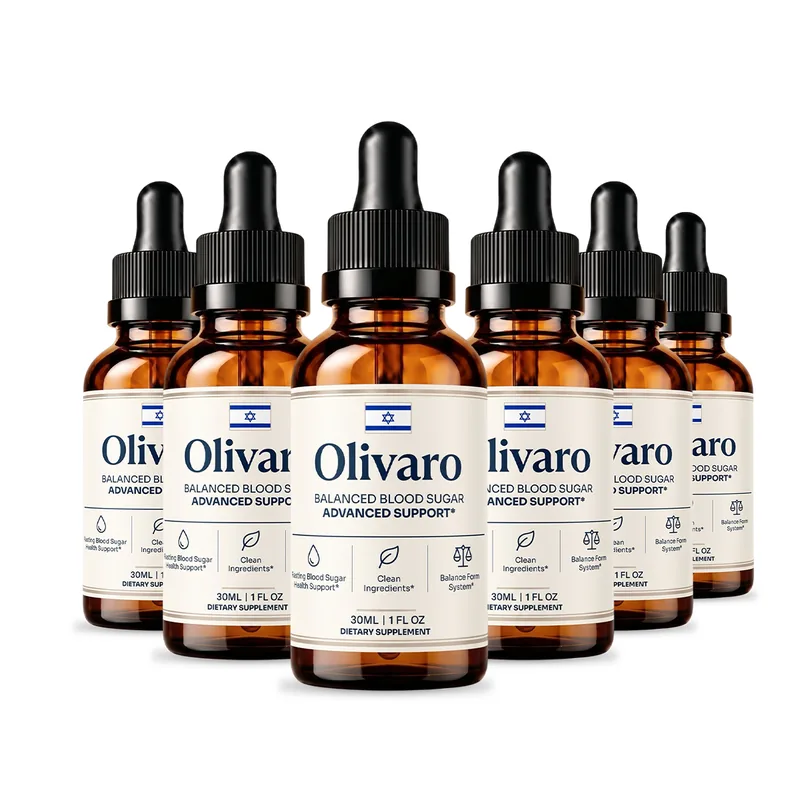 Six Olivaro amber dropper bottles arranged in a fan