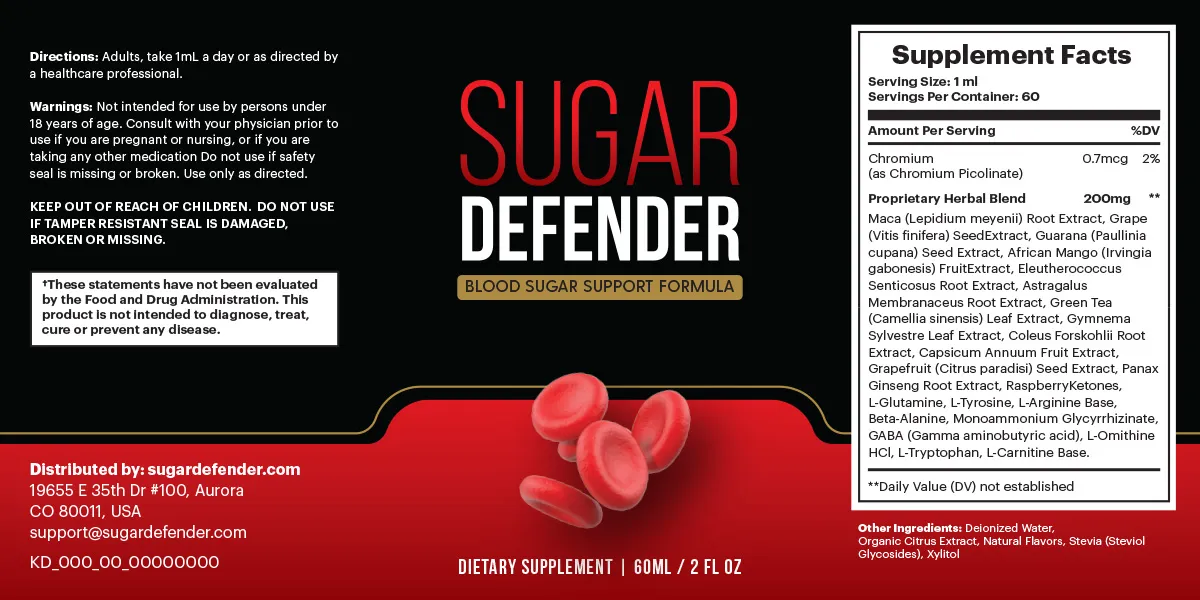 Sugar Defender Supplement Facts panel showing chromium 0.7 mcg and a 200 mg proprietary herbal blend