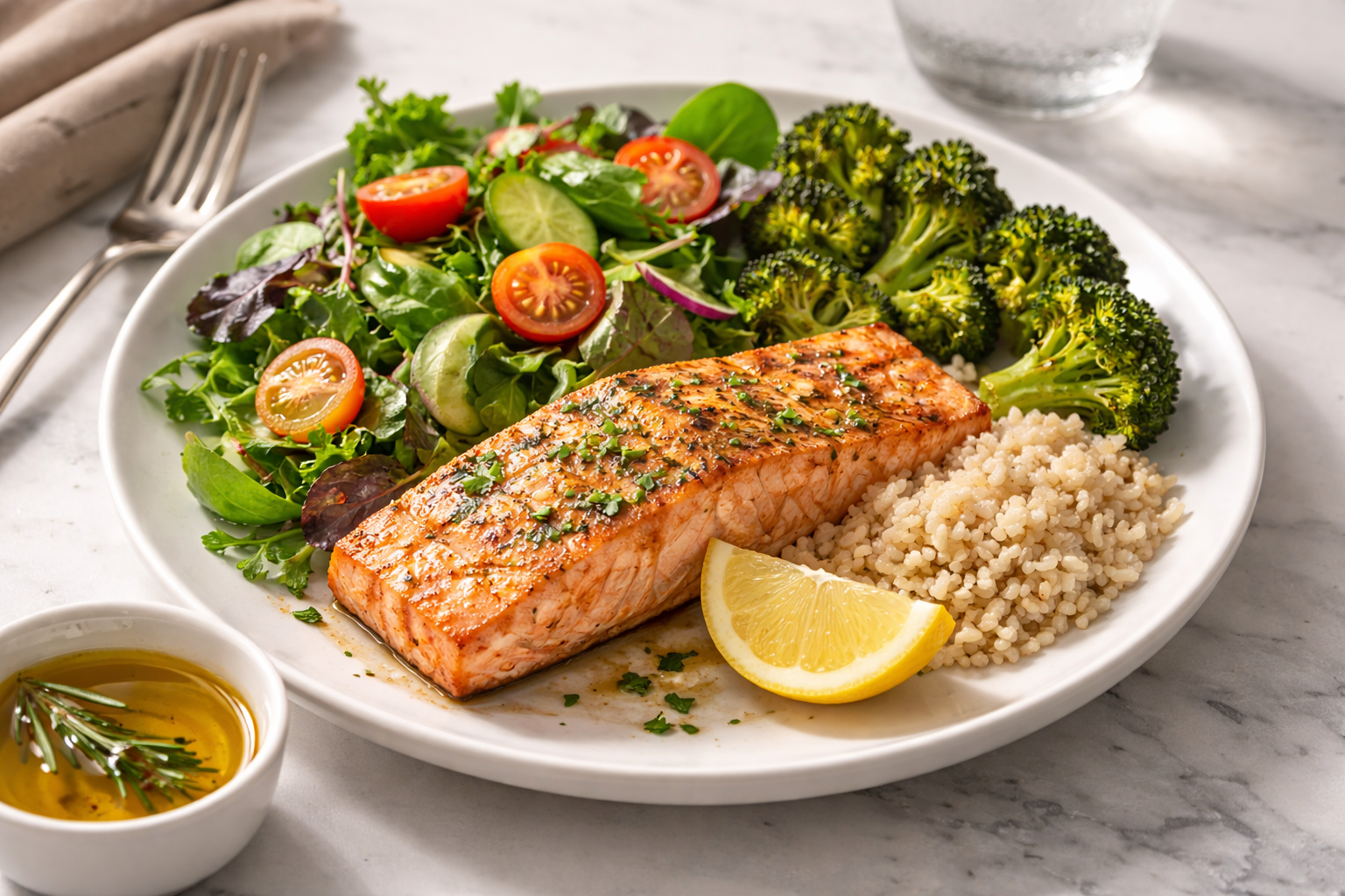 Colorful Mediterranean-style plate with salmon, greens, broccoli, and brown rice for a prediabetes-friendly meal