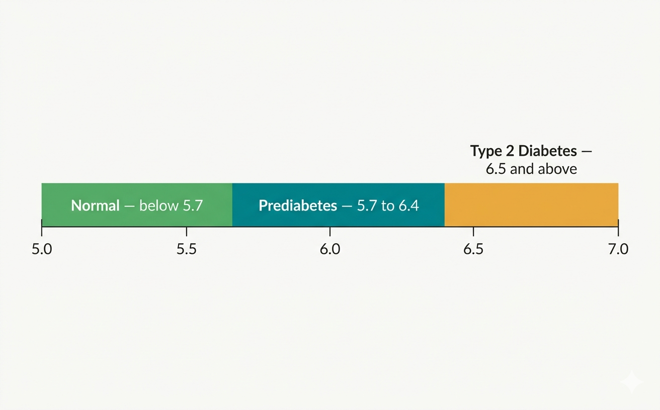 Chart showing A1C ranges: normal below 5.7, prediabetes 5.7 to 6.4, type 2 diabetes 6.5 and above.