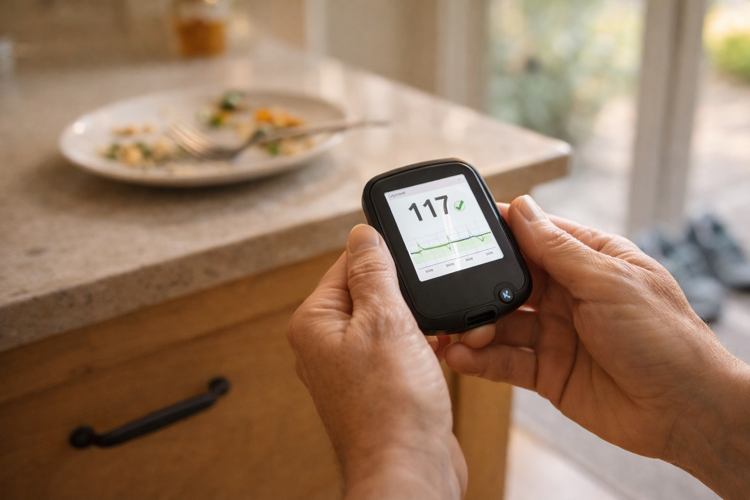 Older adult checking blood glucose reading after a walk