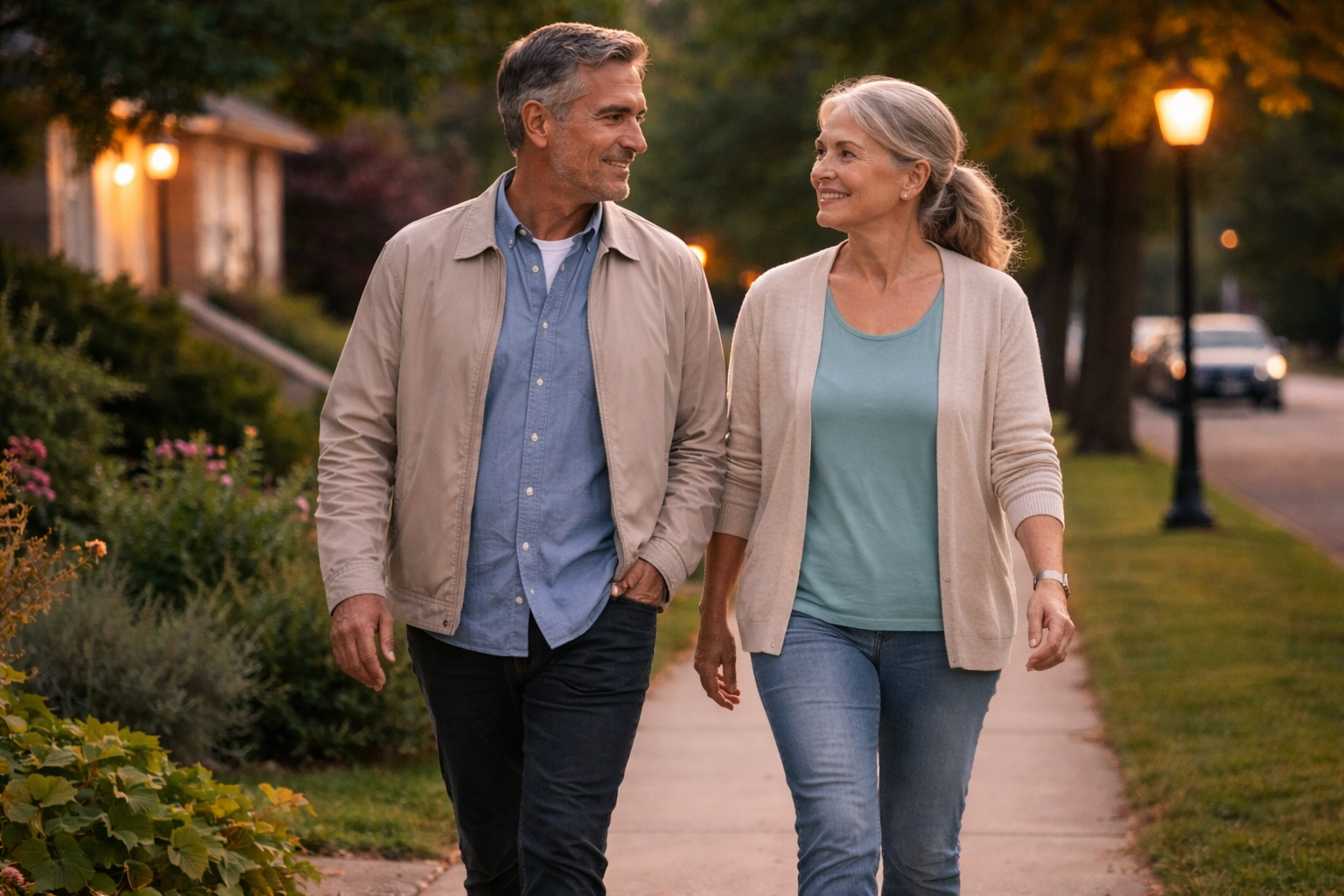 Mature couple walking on a quiet neighborhood sidewalk after dinner
