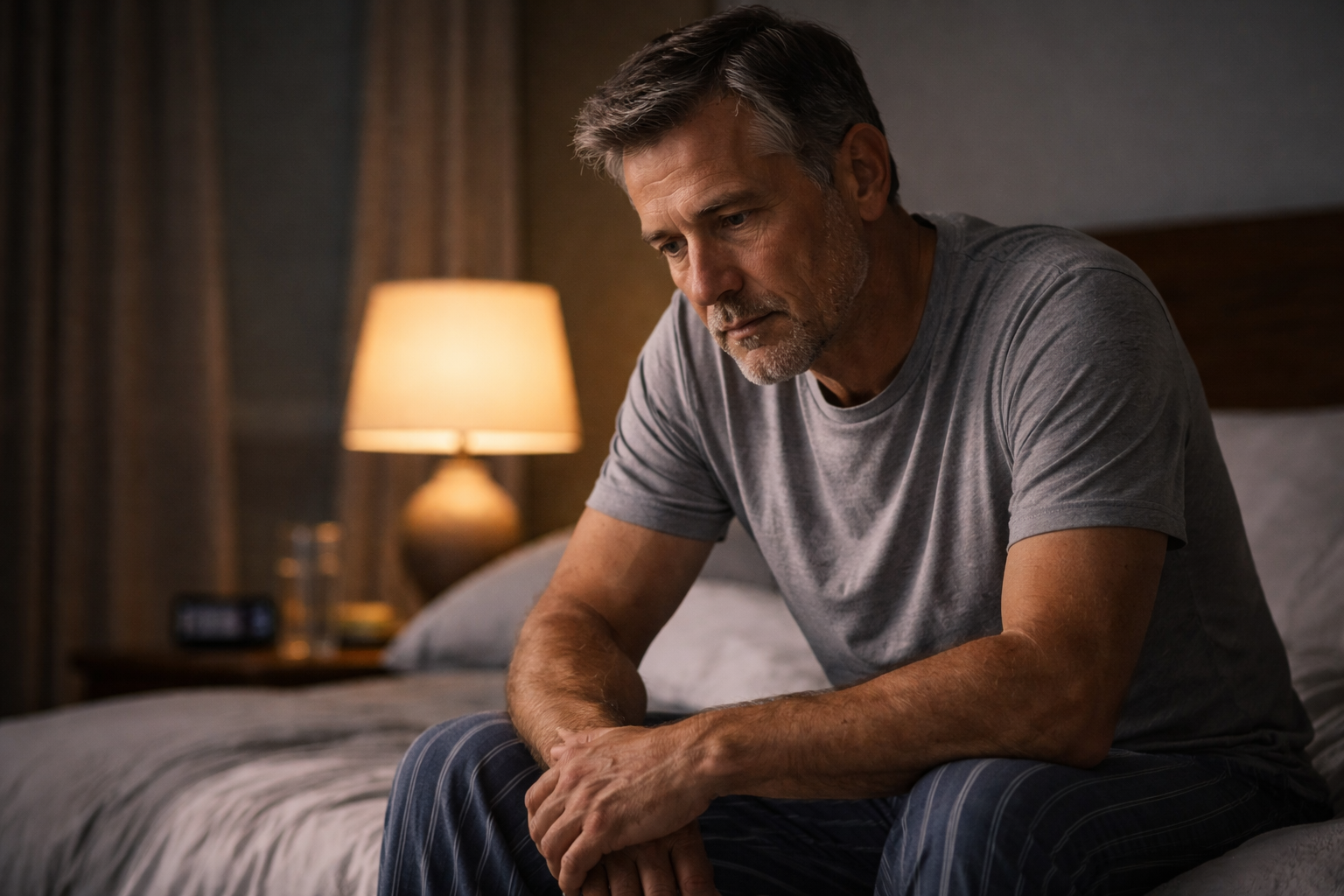 Tired man in his late 50s sitting awake at night looking stressed beside a lamp