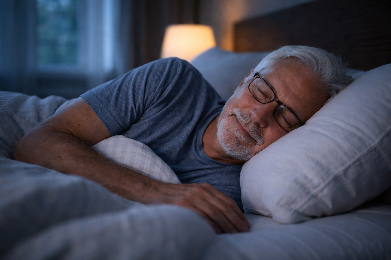 Older man with white hair peacefully sleeping in a dark bedroom with the window slightly open