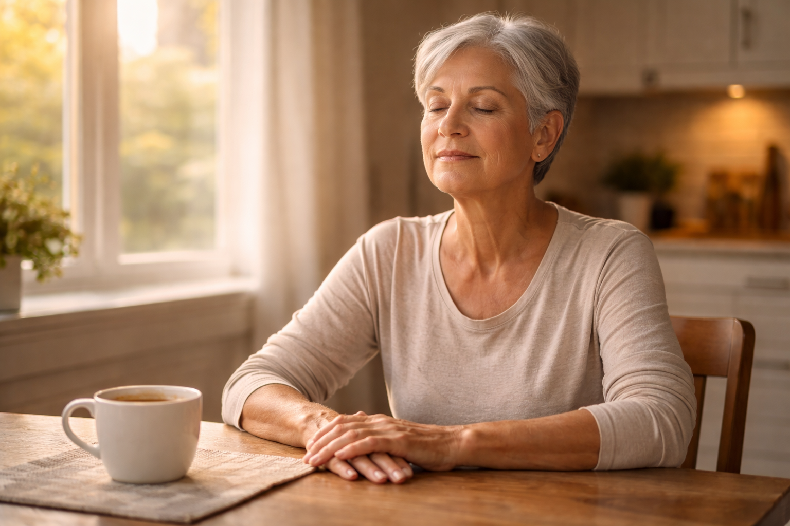 Woman in her early 60s with gray hair practicing deep breathing at a kitchen table in the morning