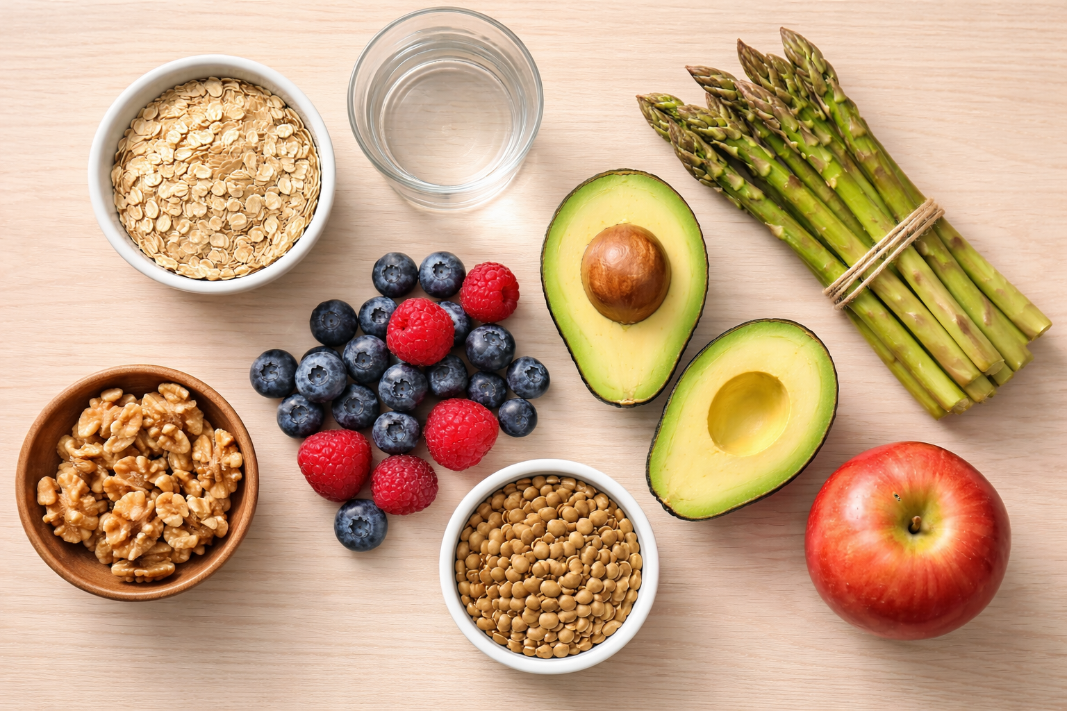 Selection of high-fiber prediabetes foods including oats, lentils, berries, avocado, and walnuts arranged on a wooden surface