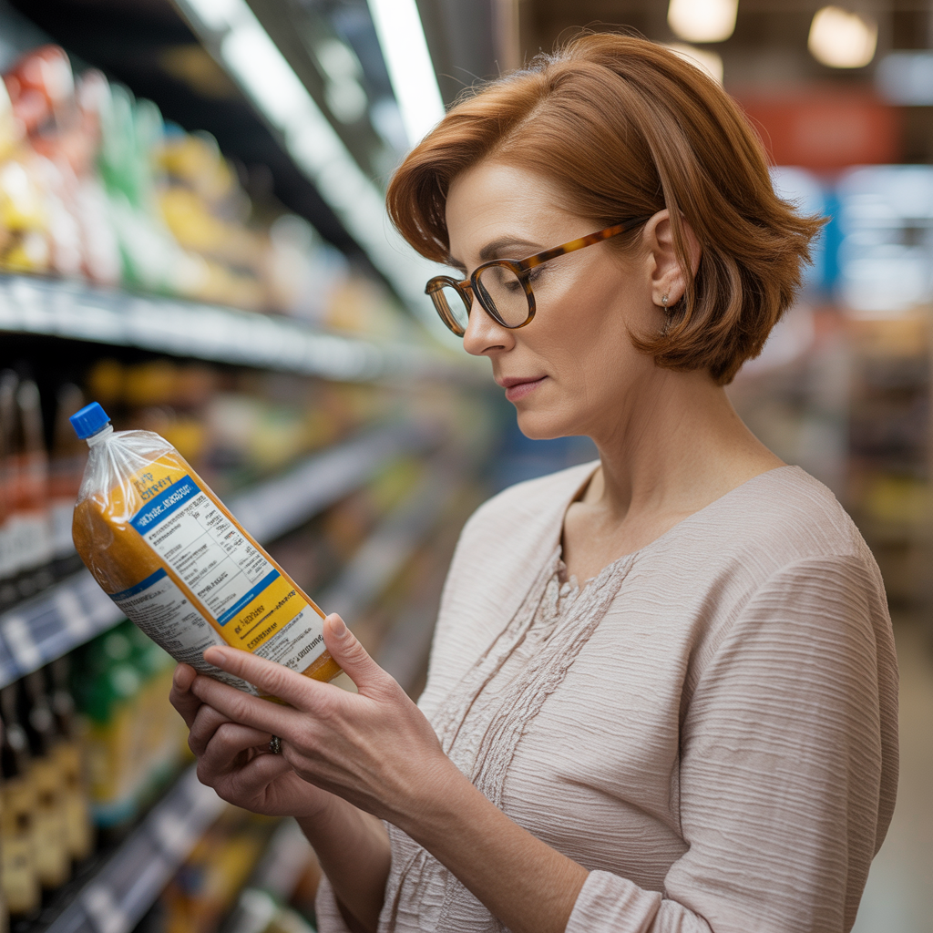 Woman in her early 50s reading a food nutrition label at a grocery store, making informed dietary choices for prediabetes management