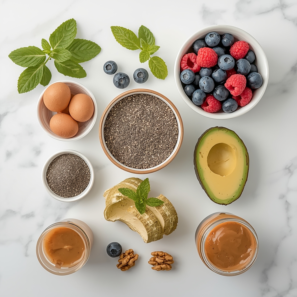 Flat-lay of prediabetes breakfast ingredients: eggs, steel-cut oats, chia seeds, berries, avocado, and almond butter