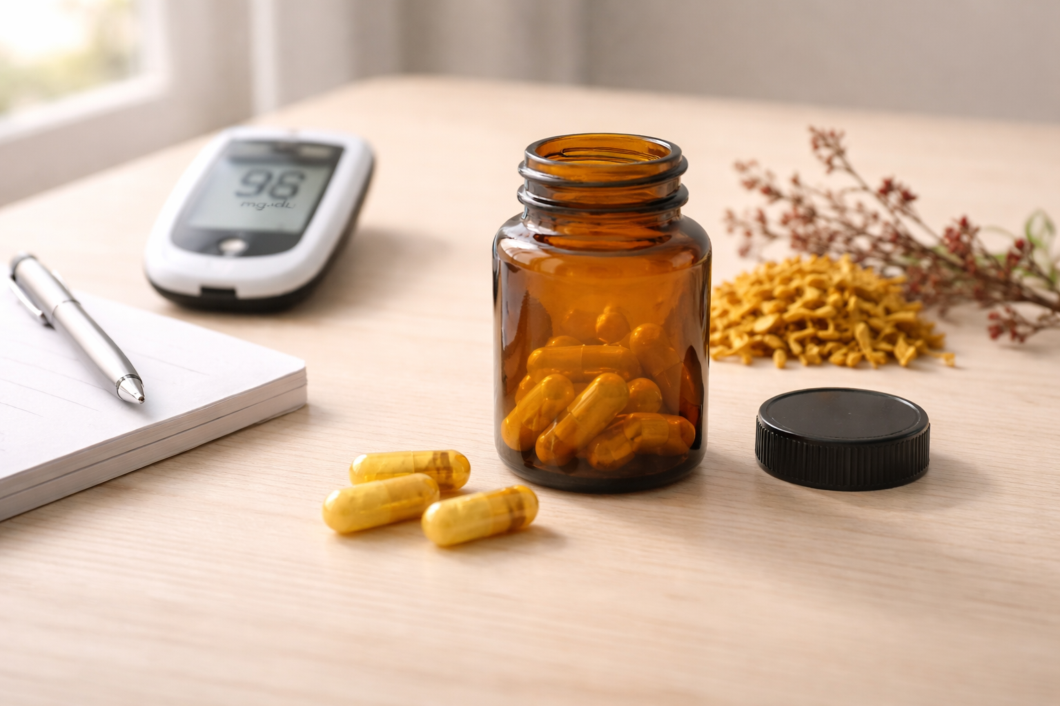 Berberine supplement capsules beside dried barberry root and a blood glucose meter on a clean wooden surface