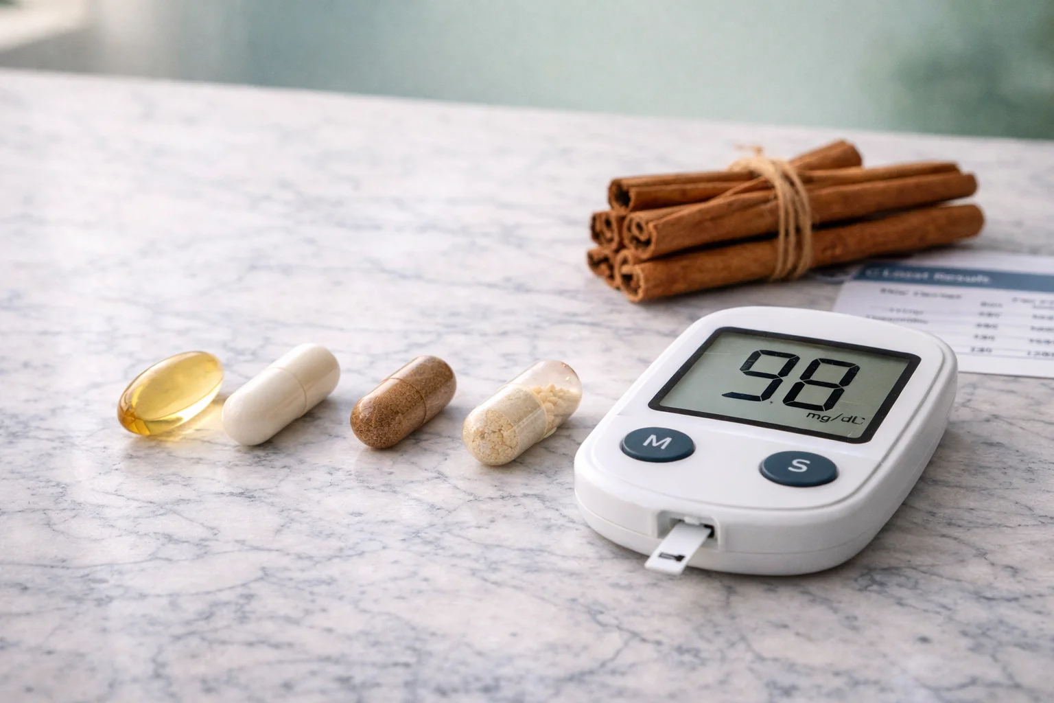 Five clinically studied supplements for prediabetes arranged beside a blood glucose monitor