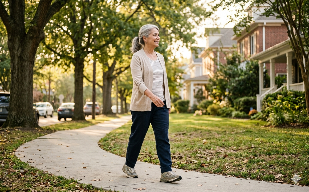 Woman in her 60s taking a morning walk to help lower her A1C naturally.