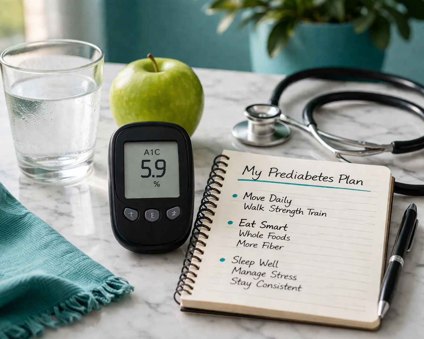 Walking outdoors and a nutritious meal plate beside a health calendar, representing the lifestyle changes that reverse prediabetes naturally
