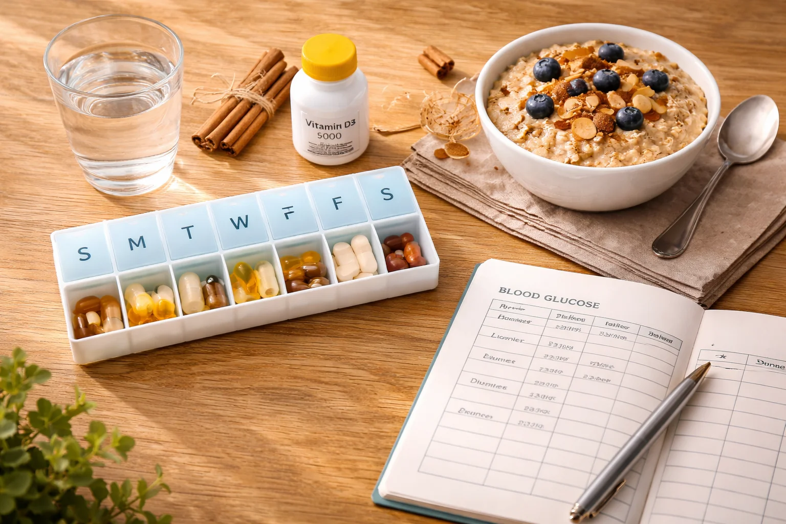 Weekly supplement organizer, vitamin D, cinnamon, and blood glucose notebook showing a structured daily supplement routine for prediabetes management