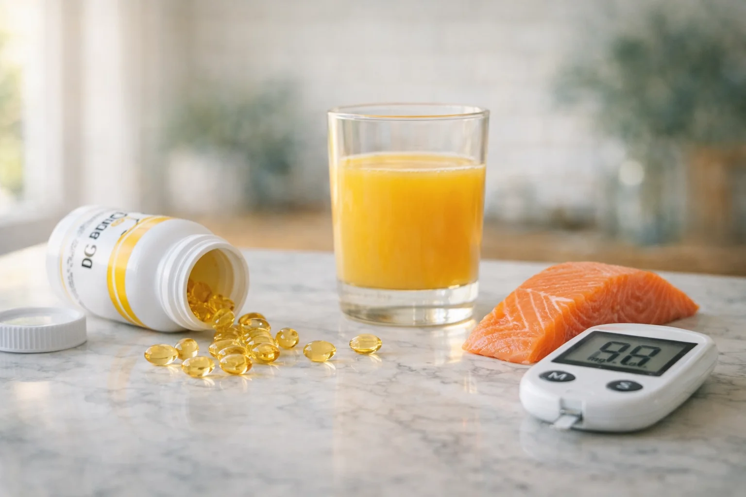 Vitamin D supplements and sunlight representing the connection between vitamin D and prediabetes management