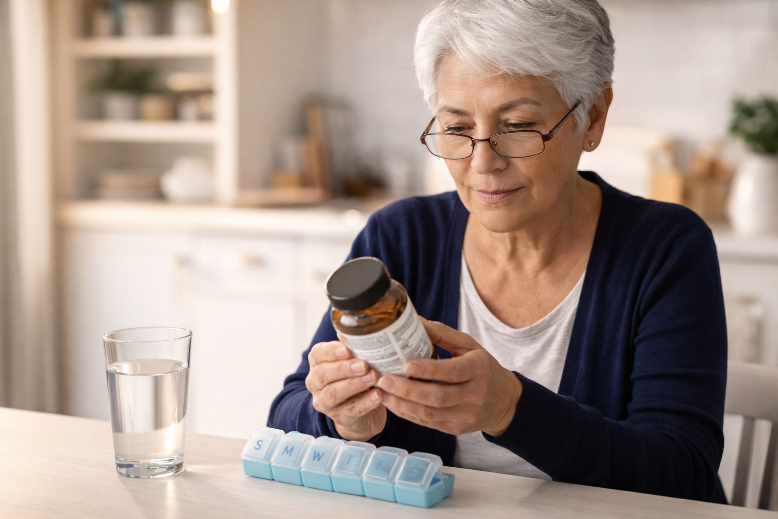 Woman in her early 60s carefully reading a supplement label at her kitchen table before deciding whether to try berberine