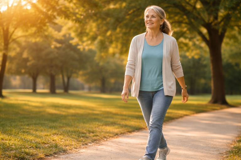 Person walking in park after meal for blood sugar control